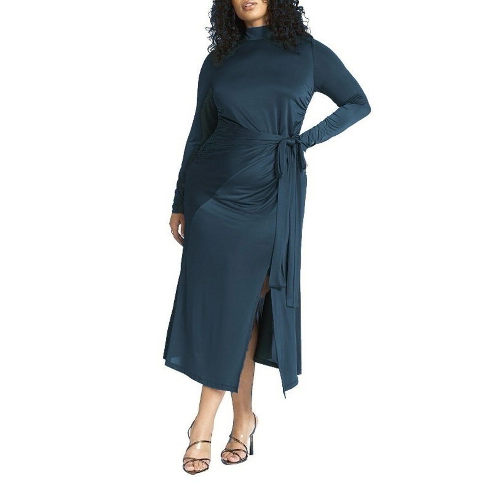 ELOQUII Womens Plus Size Funnel Neck Slate Blue Flattering Midi Dress Size 14/16